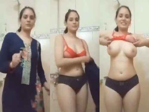 Pakistani Girl Put off Her Blue Dress Orange Bra and showing boobs